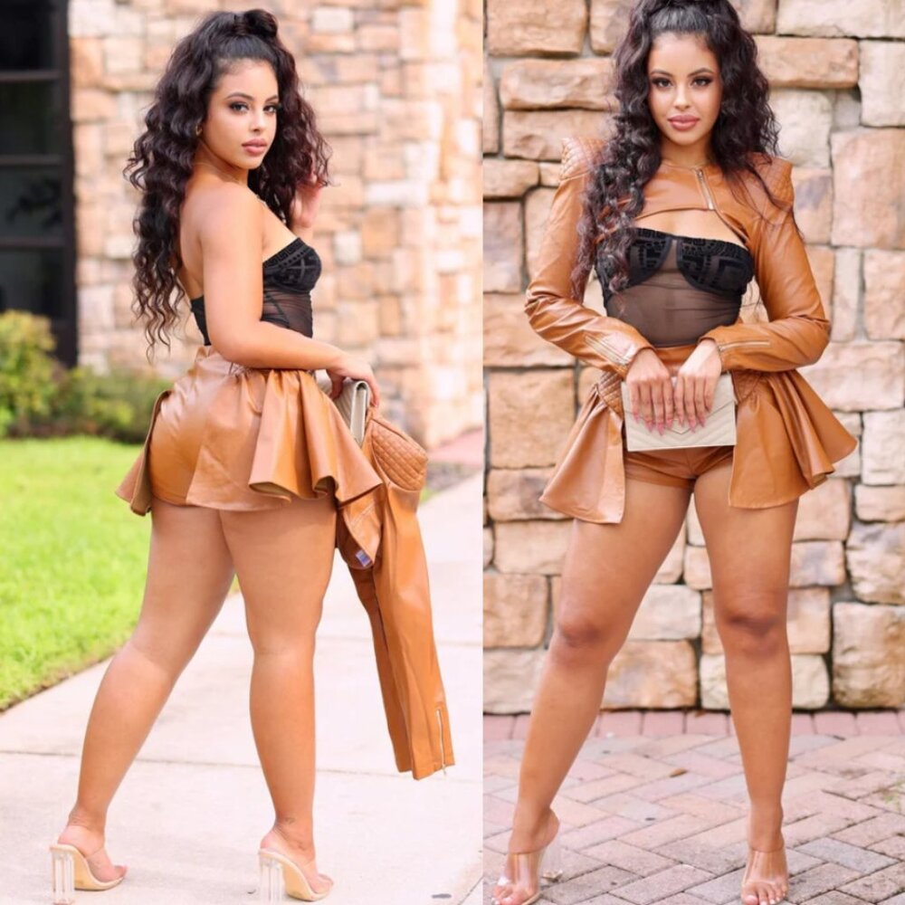 Jilli Two Piece Faux Leather Crop Jacket And Short Set - Camel